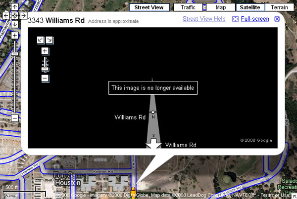 Screengrab of Google Maps showing Street View images of Fort Sam removed