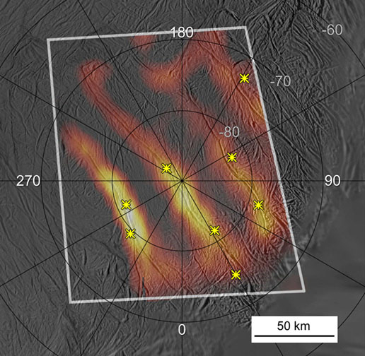 Composite Infrared Spectrometer image of Enceladus's south polar region. Pic: NASA