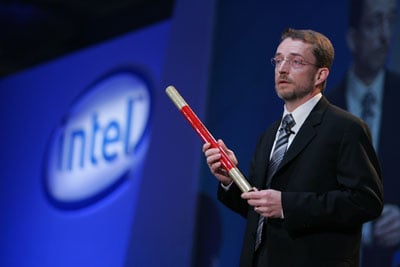 Intel SVP Pat Gelsinger holding a red stick 