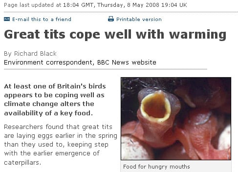 BBC headline: Great tits cope well with warming