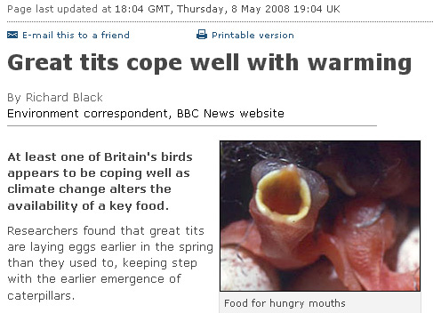 BBC headline: Great tits cope well with warming