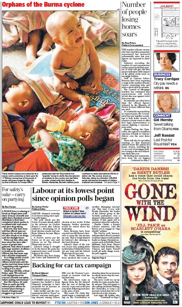 Telegraph front page showing Burmese orphans piece and ad for 'Gone with the Wind'