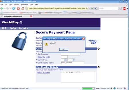 Screenshot of vulnerable Worldpay page