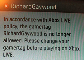 Xbox Live screengrab showing that Gaywood is no longer allowed