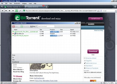 Opera's built-in Bittorrent client