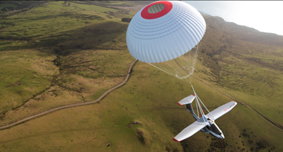 Drawing of A5 plane in flight over countryside with airframe parachute open and attached to the plane.