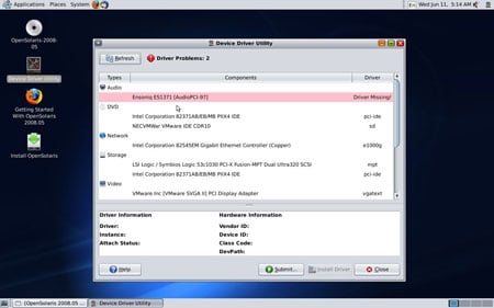 Screenshot of Open Solaris showing missing audio driver