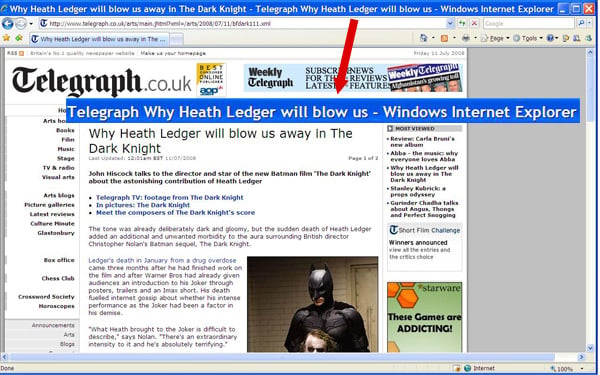 Why Heath ledger will blow us - unfortunate truncation of Telegraph headline in IE title bar