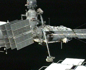 Sergei Volkov and Oleg Kononenko during Tuesday's spacewalk. Pic: NASA TV