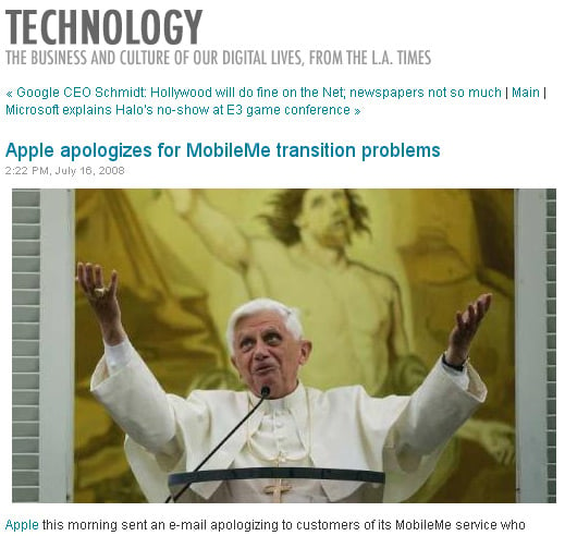 LA Times grab with picture of Pope Benny 16 under headline: Apple apologizes for MobileMe transition problems