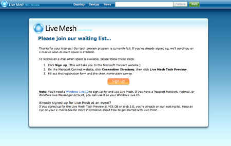 Live Mesh Hotmail sign up