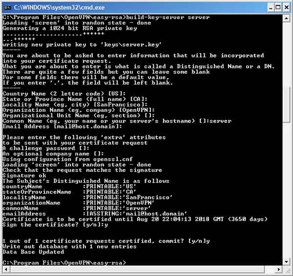 Command window after generating server key pair