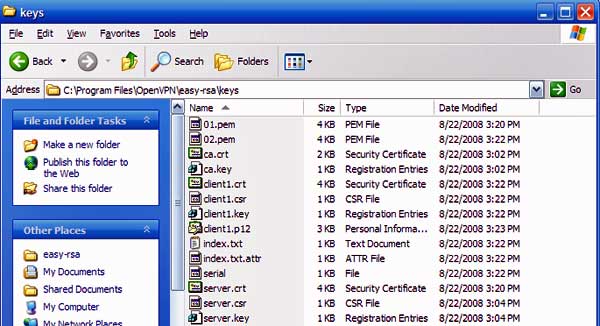 Keys folder after keys have been generated