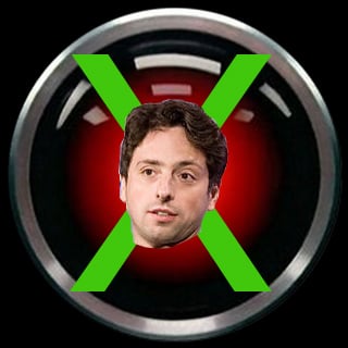 Google co-founder Sergey Brin in front of crossed out HAL 9000 eye