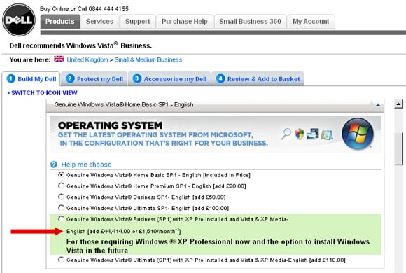 Dell website offers Windows XP option for £44,414