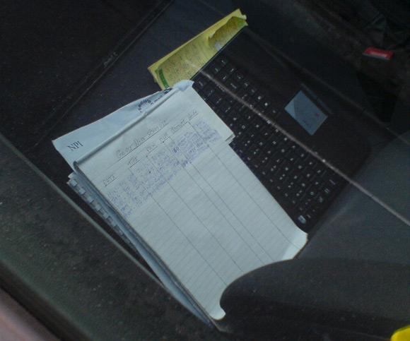 Street View Work Schedule, on front seat of Orwellian Opel