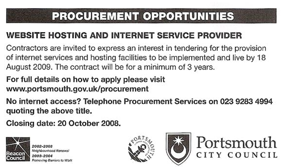 Portsmouth ISP procurement ad offering telephone number in case of no internet access