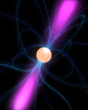 An artist's impression of the pulsar, its magnetic field lines and gamma ray emissions