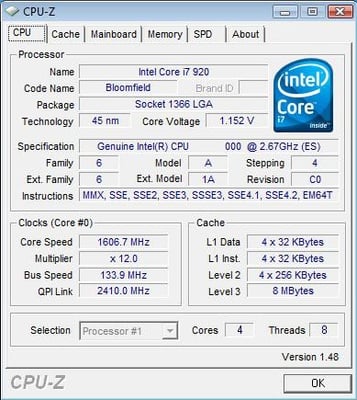 Intel Core i7 920 CPU-Z