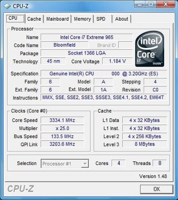 Intel Core i7 Extreme CPU-Z