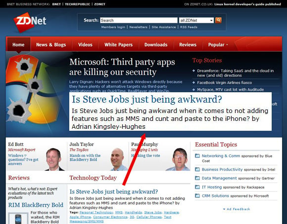 ZDnet front page which asks: Is Steve Jobs just being awkward when it comes to not adding features such as MMS and cut and paste to the iPhone?