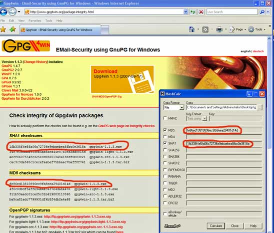 Verify Gpg4Win using hashes