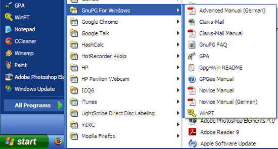Once Gpg4Win is installed, here's what it looks like in the start menu
