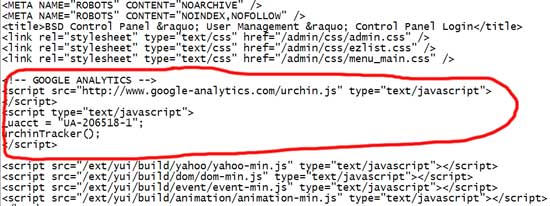 Google Analytics in page source