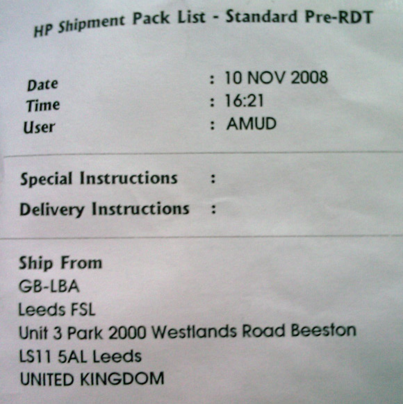 The delivery label for the first DIMM, showing it came from Leeds