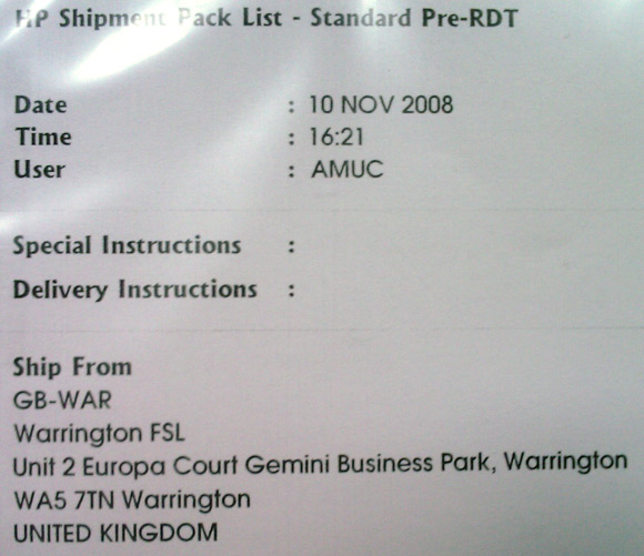 The delivery label for the second DIMM, showing it came from Warrington