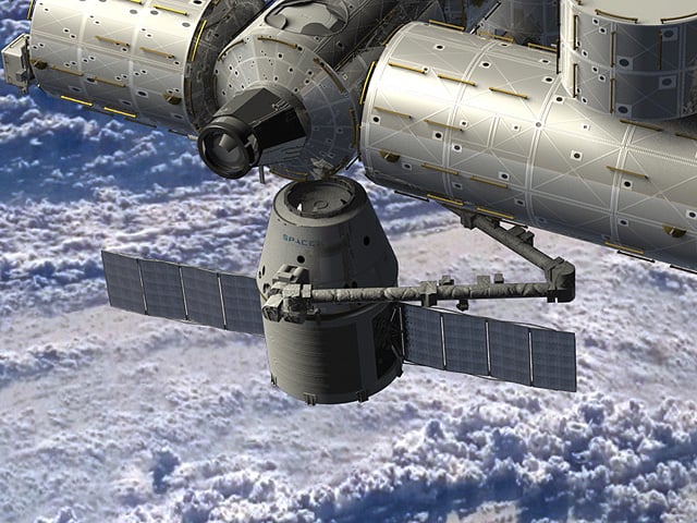 SpaceX art of a Dragon cargo module docking with the ISS