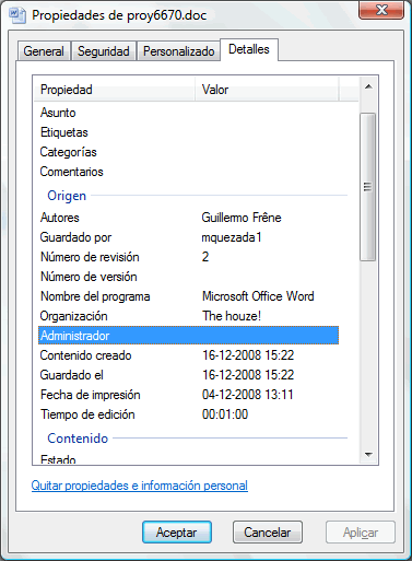 Document properties showing the organisation as The houze!