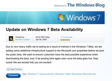 Windows 7 Blog announces delay