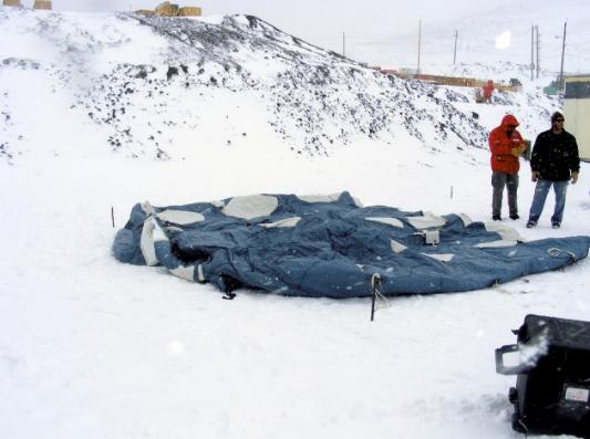 The prototype inflatable habitat module in the course of Antarctic erection