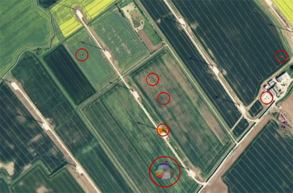 The same satellite view with points of interest highlighted