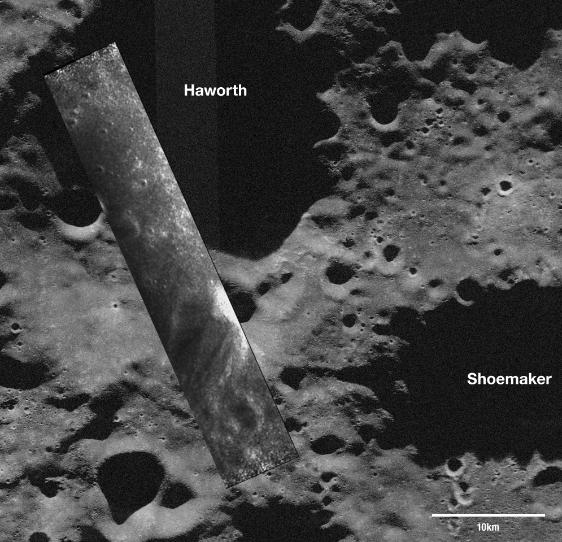 NASA overlay of Mini-SAR imagery from Chandrayaan-1 onto Arecibo radar telescope pic of the lunar south pole