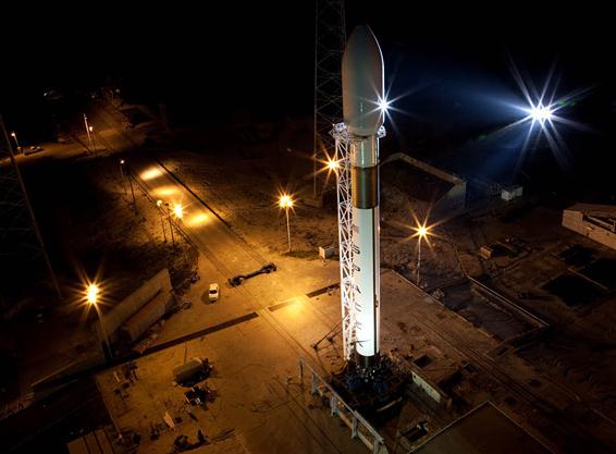 The Falcon 9 rocket, now erected on the pad at Cape Canaveral