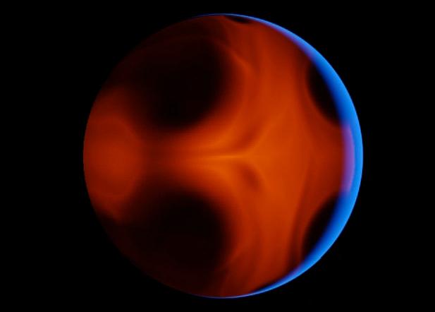 The blue is sunlight: the red is the planet's atmosphere glowing red-hot after periastron