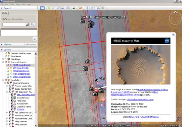 Mars on Google Earth showing HiRISE image