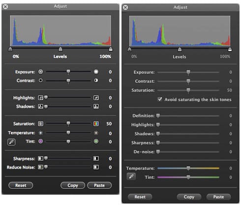 iPhoto '08 and '08 Adjust dialogs