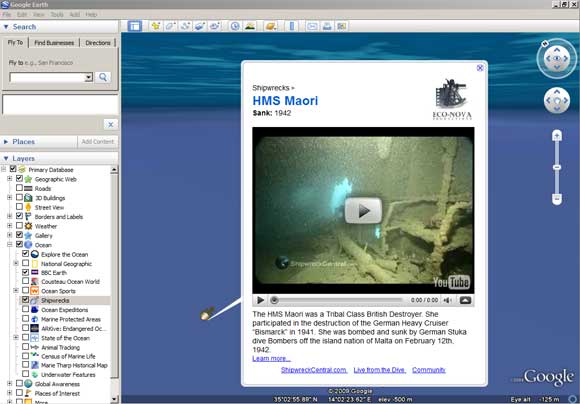 Ocean layer showing shipwreck and link to YouTube video