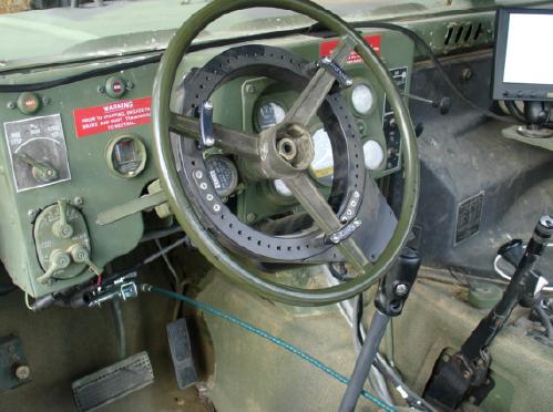 A US Humvee's controls fitted with the Pronto4 autonomous driver kit