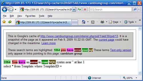 Screenshot of SQL error returned on Cambium Group website