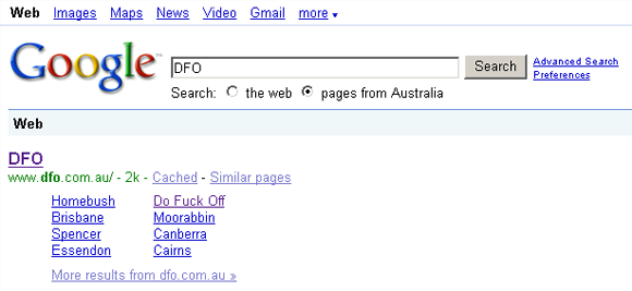 Google search result for DFO showing Do Fuck Off