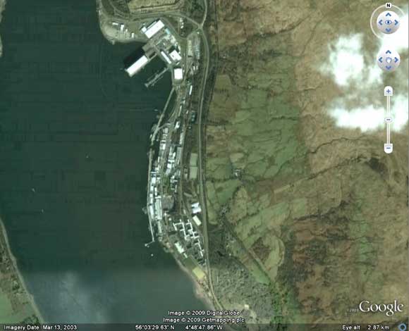 Faslane submarine base as seen on Google Earth