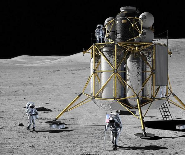 NASA concept art of the new suits and moon lander in action