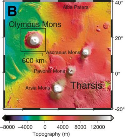 Contour mapping of mighty Olympus Mons, adjacent to the Tharsis altiplano