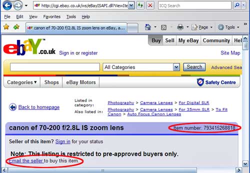 Screenshot of fraudulent eBay listing