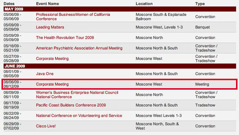 Moscone Convention Center: May/June 2009 schedule