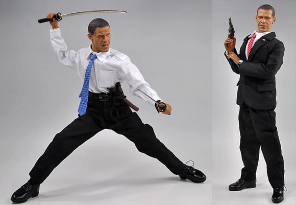 Obama with samurai sword and in James Bond pose with pistol